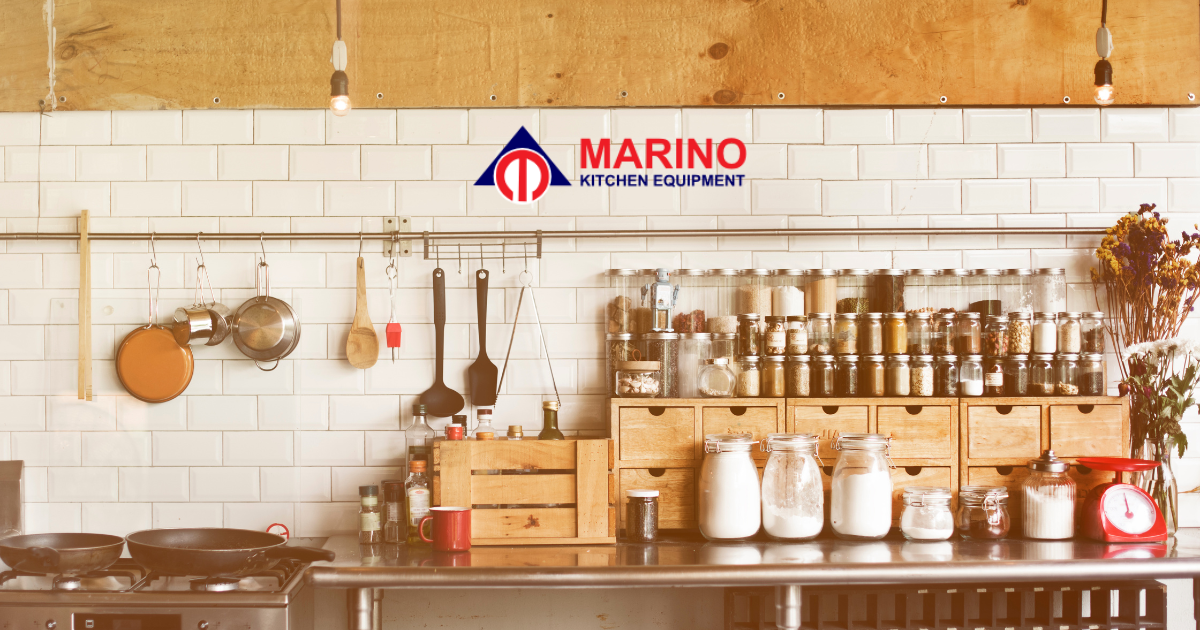 Modern Marino Kitchen Equipment arranged with cookware and tools for UAE kitchens