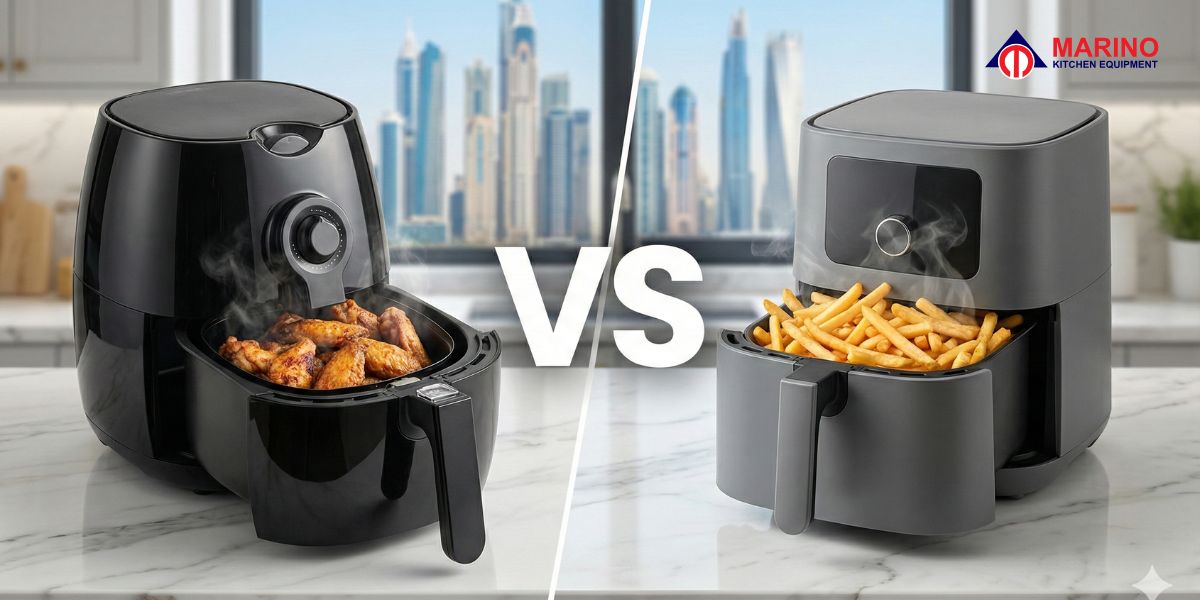 Philips vs Ninja Air Fryer comparison showing roasted chicken wings and crispy french fries on a Dubai kitchen counter.