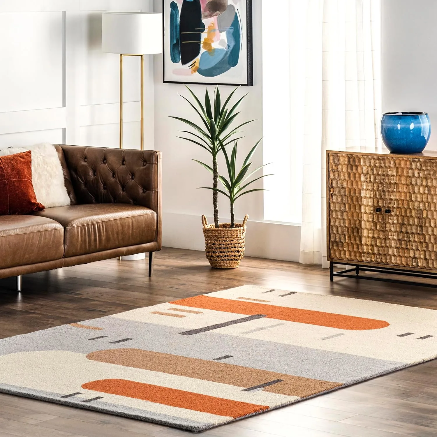 wool abstract area rug peach 1