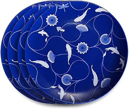 Zenz 10-inch Bone China Dinnerware Set, Set of 4, Blue and White Floral Serving Plates for Housewarming & Mother's Day, Blue
