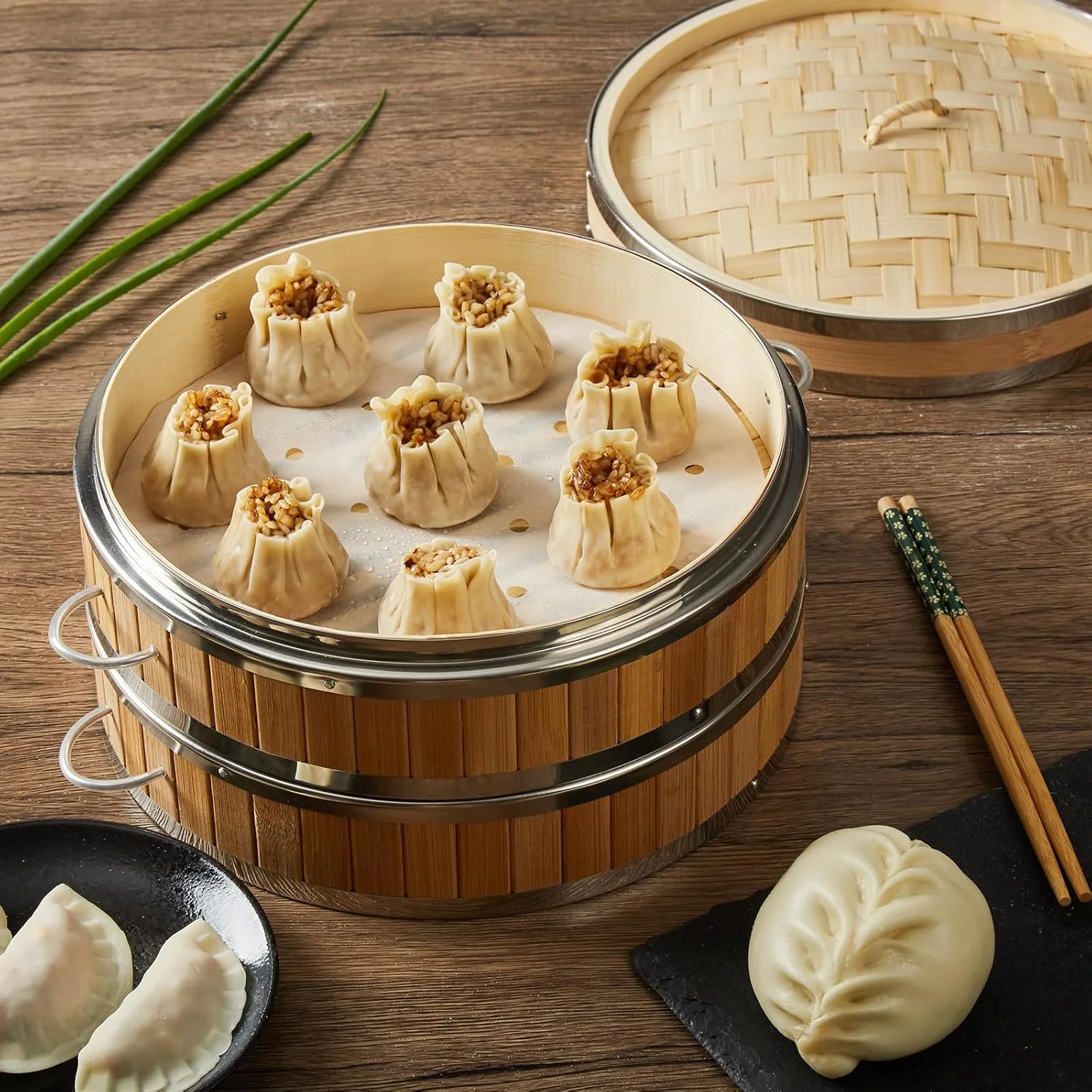 bamboo steamer basket set 2