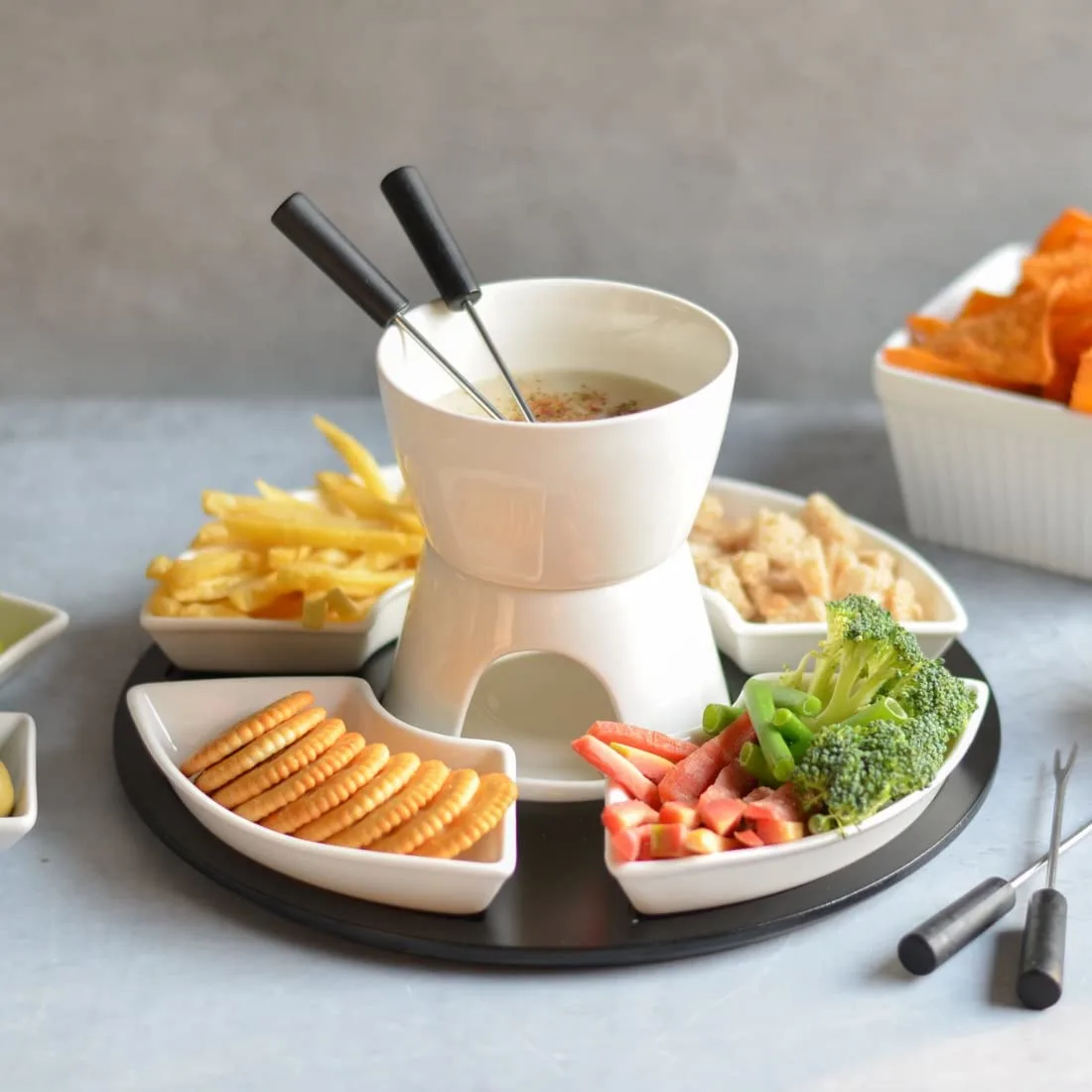 fondue set wood ceramic 1