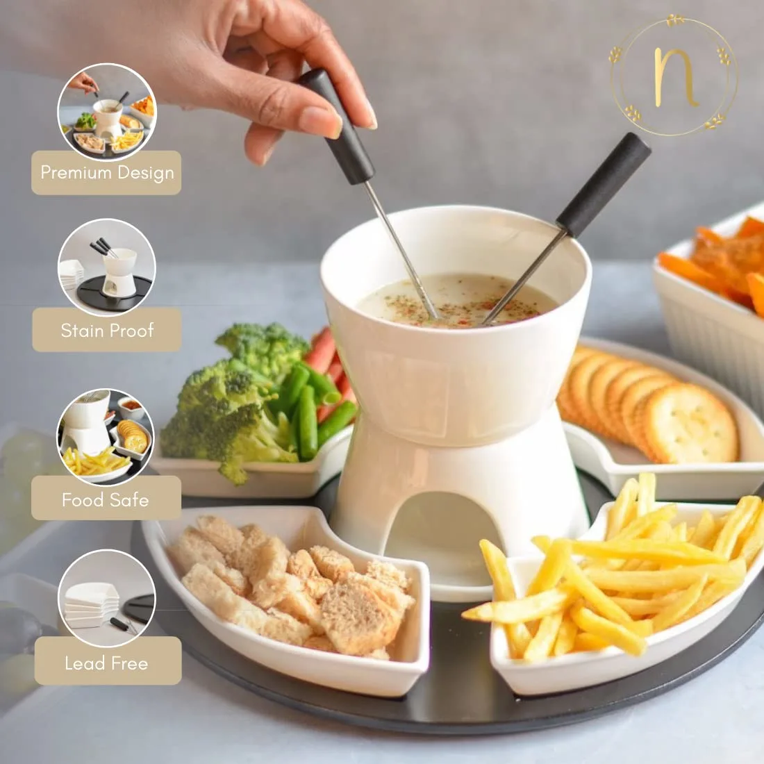 fondue set wood ceramic 2