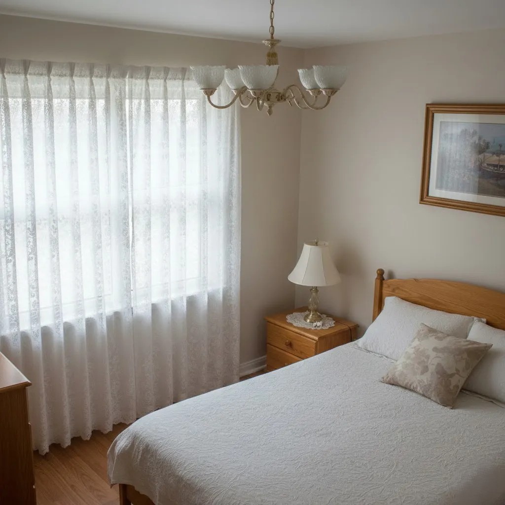 Close-up of 2 panels of cream lace sheer curtains showing the delicate knit texture and scalloped edges in a neutral-toned, vintage-style bedroom.
