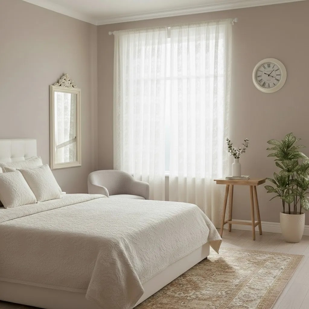 Two panels of cream lace sheer curtains hanging on a bedroom window with soft sunlight filtering through.