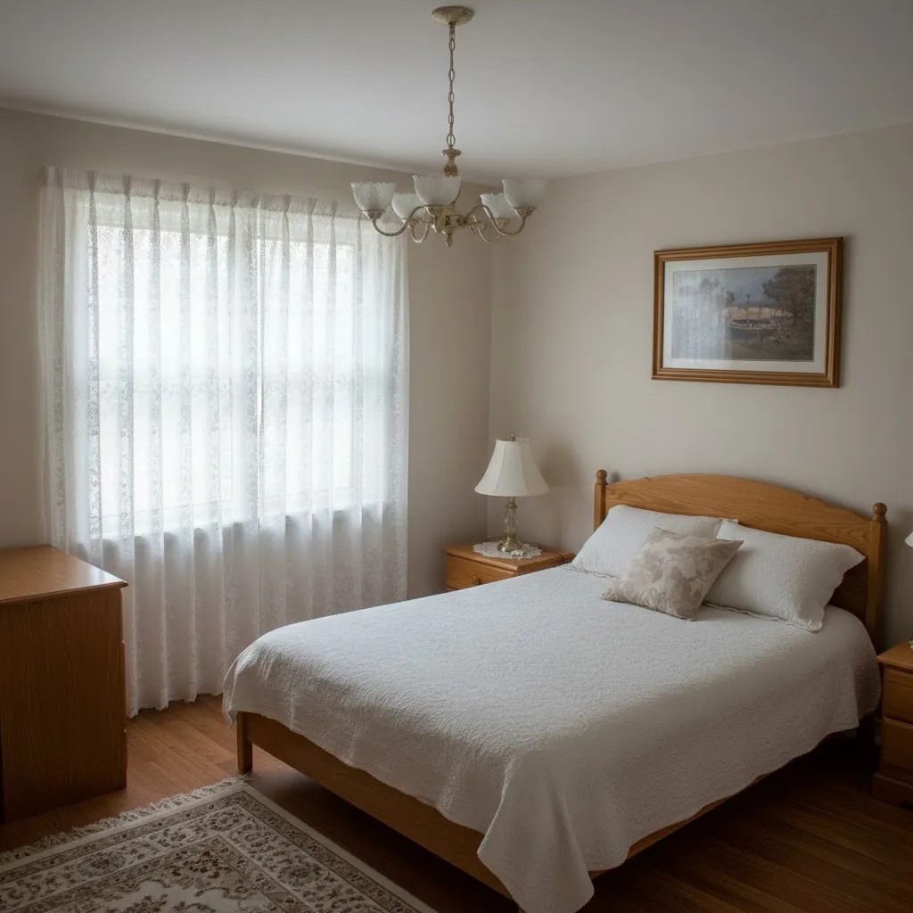 Two panels of cream lace sheer curtains with an intricate floral pattern hanging over a bedroom window, diffusing bright daylight into a soft glow.